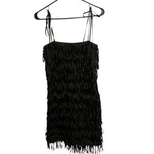 Zara Black Sequined Fringed Spaghetti Strap Mini Dress Lined Black Size Small